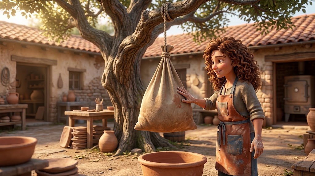 Illustration of a potter in a clay-streaked apron resting a hand on a heavy cloth bag of wet clay hanging by rope from a tree, dripping into a terracotta bowl in a sunlit courtyard studio