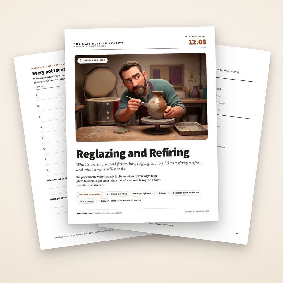 Reglazing and Refiring printable guide: the cover, with the pot log and the one page summary fanned behind it