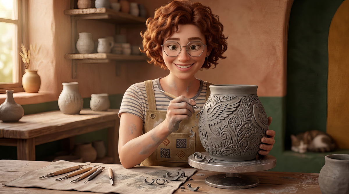 An illustration of a smiling potter in glasses carving a raised bird and scrolling leaves into a vase on a turntable, carving tools on the bench in front