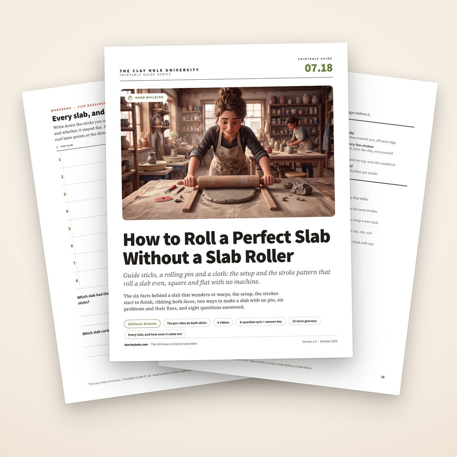 How to Roll a Perfect Slab Without a Slab Roller printable guide: the cover, with the slab log and the one page reference fanned behind it