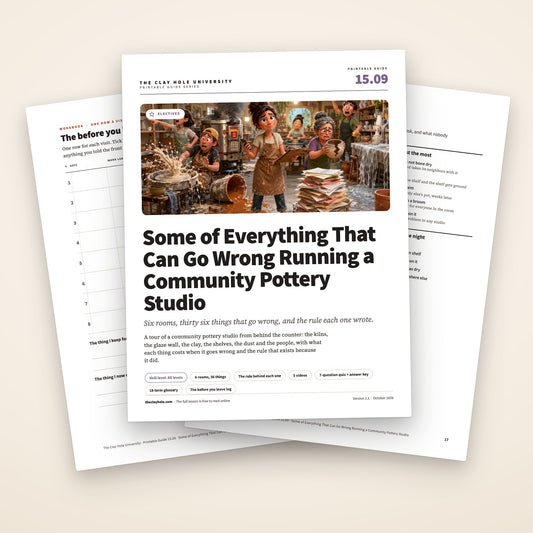 Some of Everything That Can Go Wrong Running a Community Pottery Studio printable guide: the cover, with the before you leave log and the member's card fanned behind it