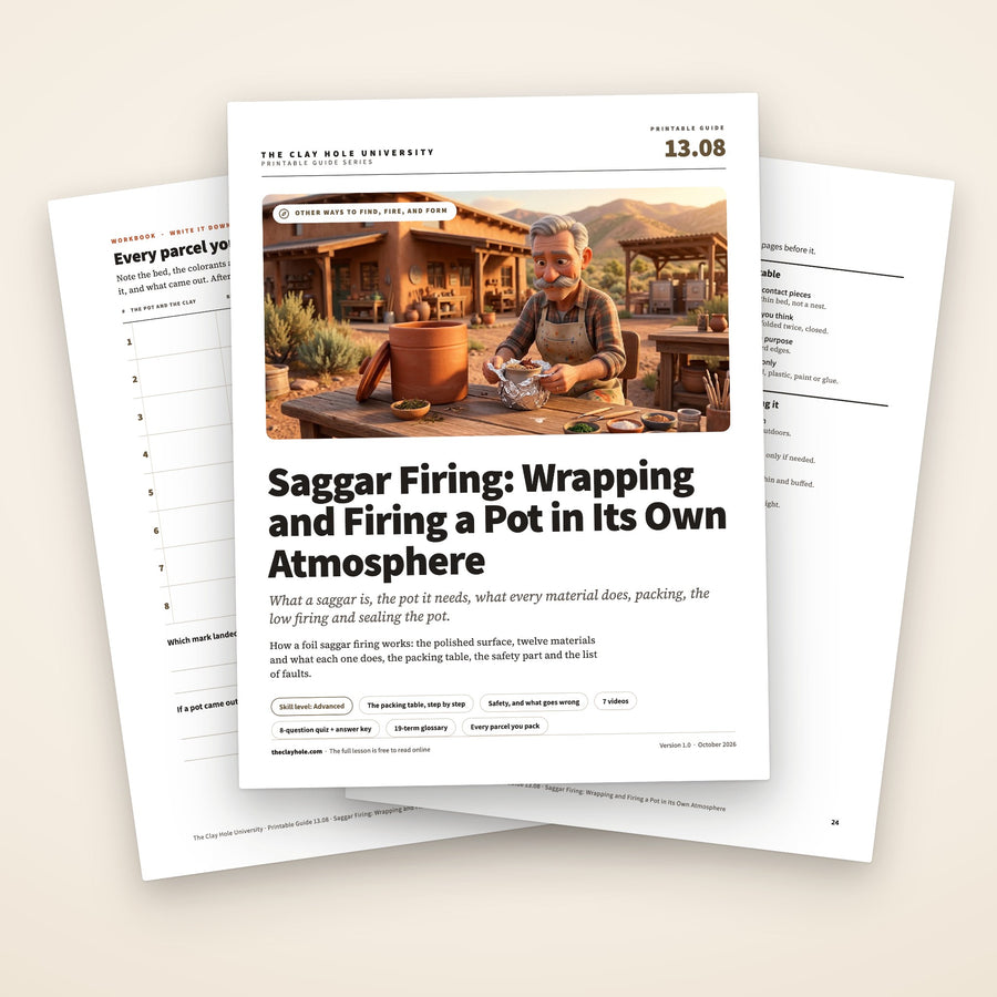 Saggar Firing printable guide: a fanned stack of the cover, showing an illustrated gray-haired potter folding aluminum foil around a small bowl at an outdoor table beside a terracotta saggar, with two workbook pages behind it