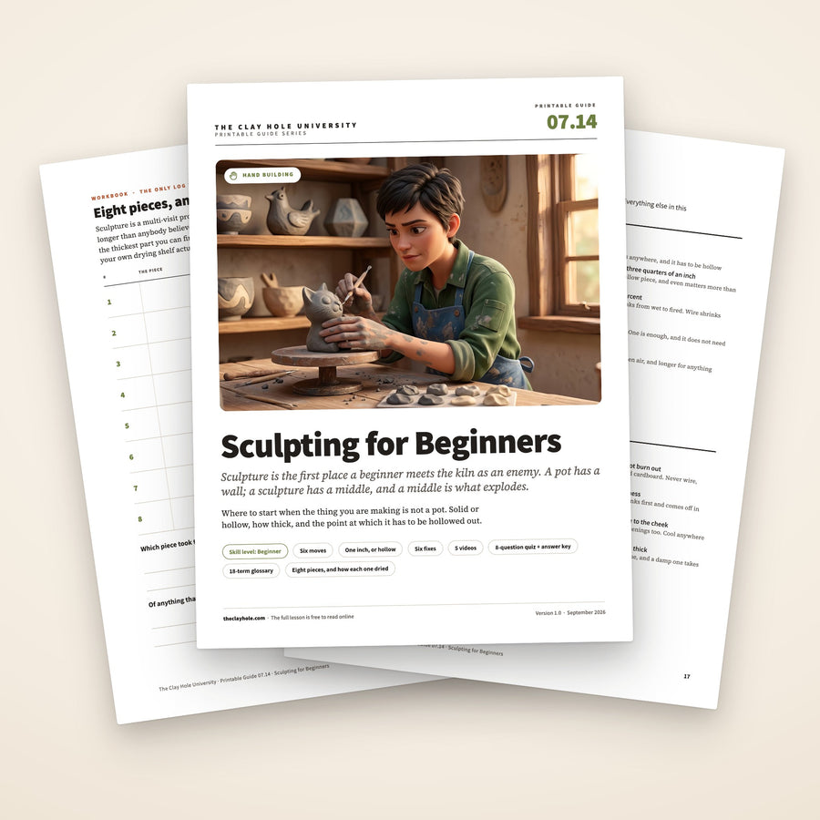 Sculpting for Beginners printable guide: the cover, with the eight piece log and the one page technique card fanned behind it