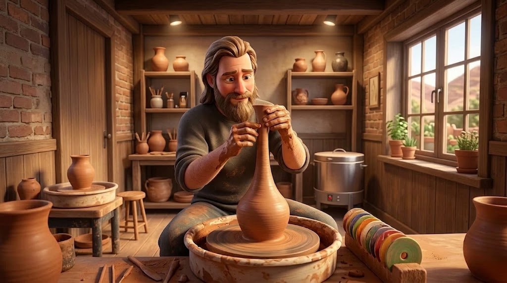 An illustration of a bearded potter drawing the long skinny neck of a gooseneck bottle upward on the wheel, with finished vases on shelves behind him