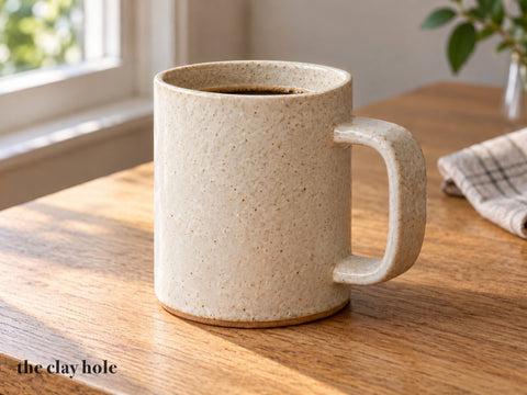 A straight-sided handmade speckled stoneware slab mug with a strip handle, made from The Clay Hole paper template, filled with coffee on a wooden table
