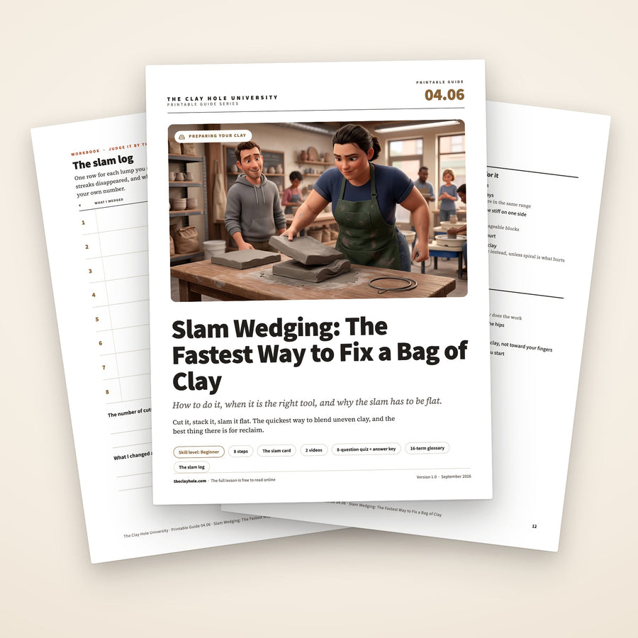 Slam wedging printable pottery guide: the cover, with the slam log and the slam card fanned behind it