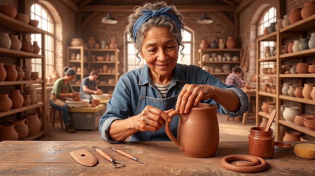 Illustration of a smiling potter in a denim apron pressing a curved handle onto a terracotta pitcher at a workbench, with an open jar of slip, a wooden rib and two loop tools beside her