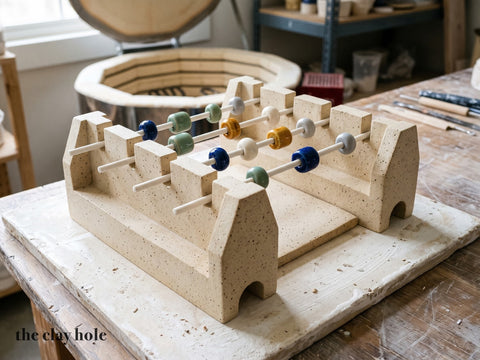 A pair of small handmade stoneware kiln bead rack stands with white alumina rods and glazed beads, made from a Clay Hole paper template
