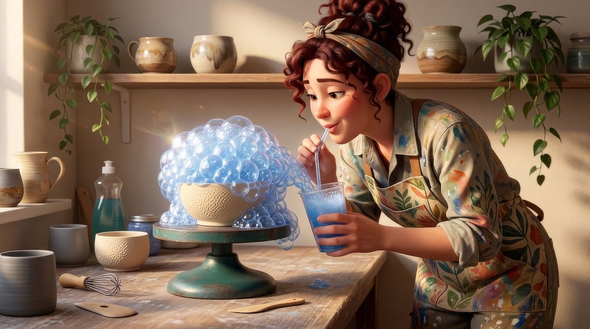 Dark soapy glaze foam spilling from a paper cup over a white base-coated plate on a tray, the bubbles popping into overlapping rings