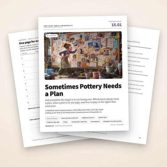 Sometimes Pottery Needs a Plan printable guide: the cover, with the plan log and the one page reference fanned behind it