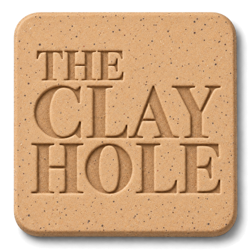 Tan Laguna Speckled Buff clay tile, unglazed, stamped with The Clay Hole logo