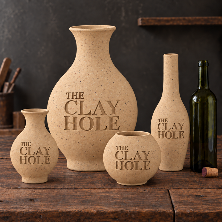 Four unglazed Laguna Speckled Buff clay vases stamped The Clay Hole, grouped with a wine bottle on a rustic table