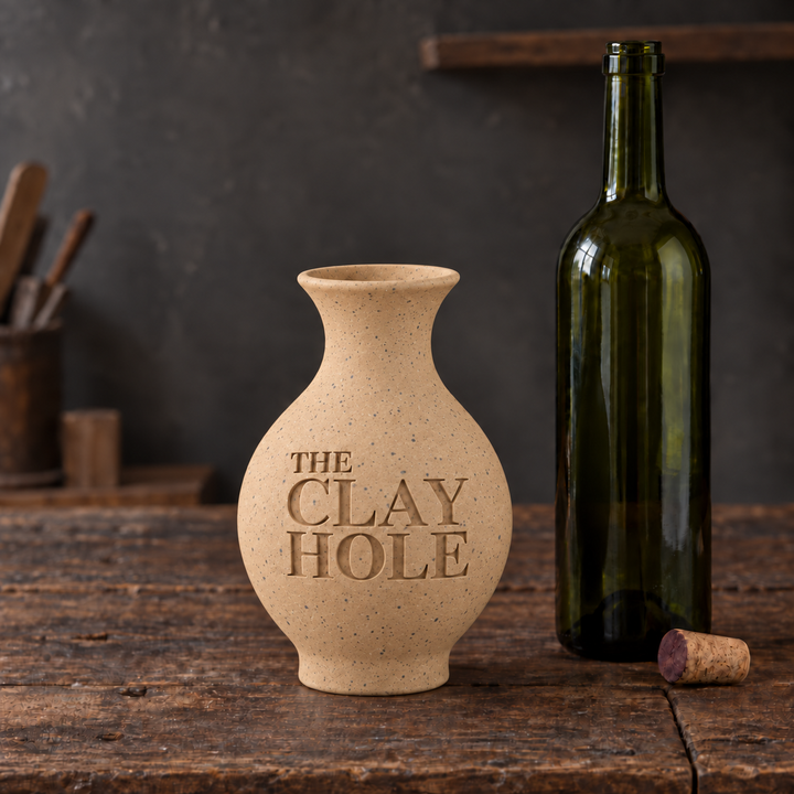 Unglazed tan Laguna Speckled Buff clay vase stamped The Clay Hole, beside a wine bottle on a wood table