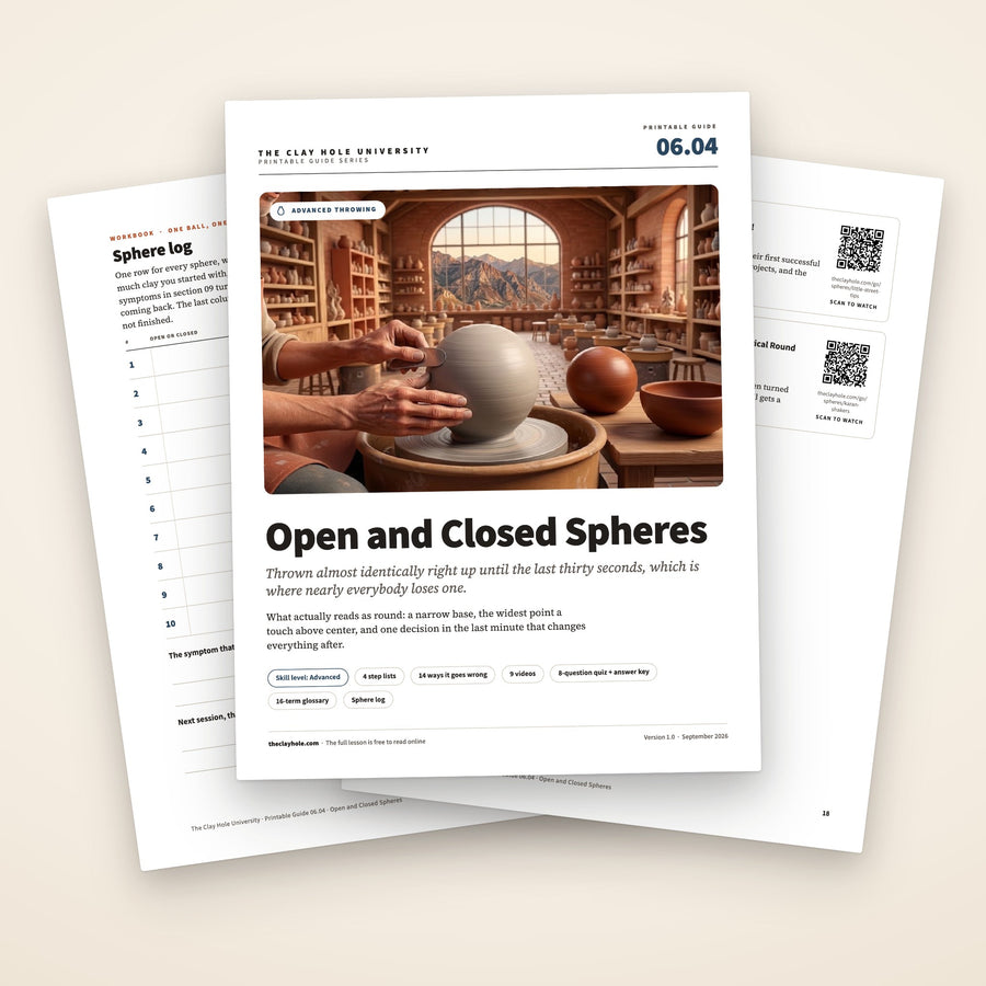 Open and Closed Spheres printable pottery guide: the cover, with the sphere log and troubleshooting pages fanned behind it
