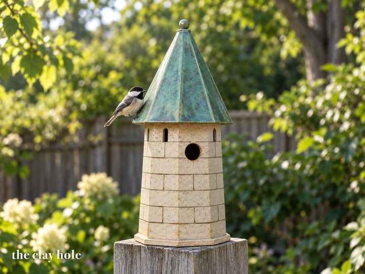 A stoneware spire tower birdhouse with eight stone-lined walls and a green spire roof, made from a Clay Hole paper template