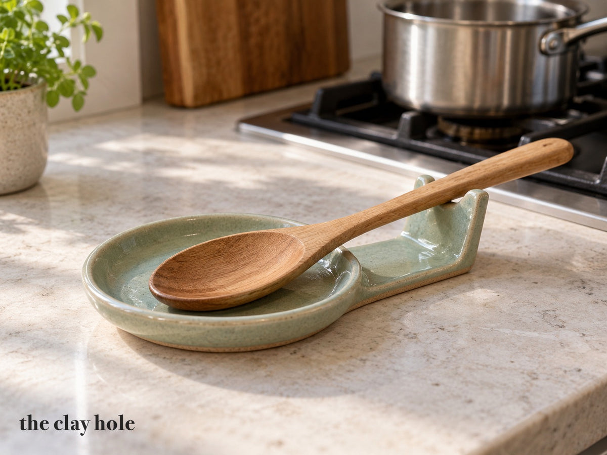 A Spoon Rest made from The Clay Hole paper template 26: a one-slab spoon rest with a darted bowl and a fold-up saddle for the handle