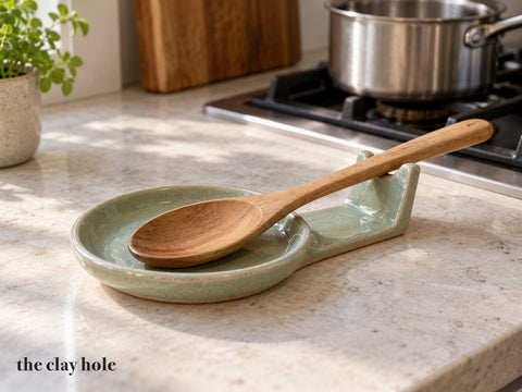 A Spoon Rest made from The Clay Hole paper template 26: a one-slab spoon rest with a darted bowl and a fold-up saddle for the handle