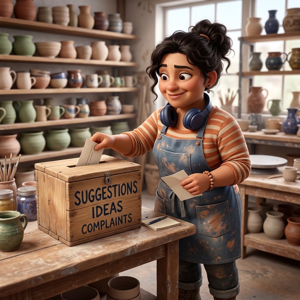 An illustrated potter in a clay spattered apron posting a folded note into a wooden suggestion box labeled suggestions, ideas and complaints, on a worktable in a pottery studio