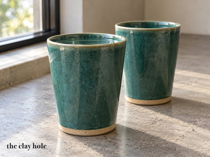 Two matching tapered stoneware tumblers in a teal glaze, made from The Clay Hole tapered tumbler paper template
