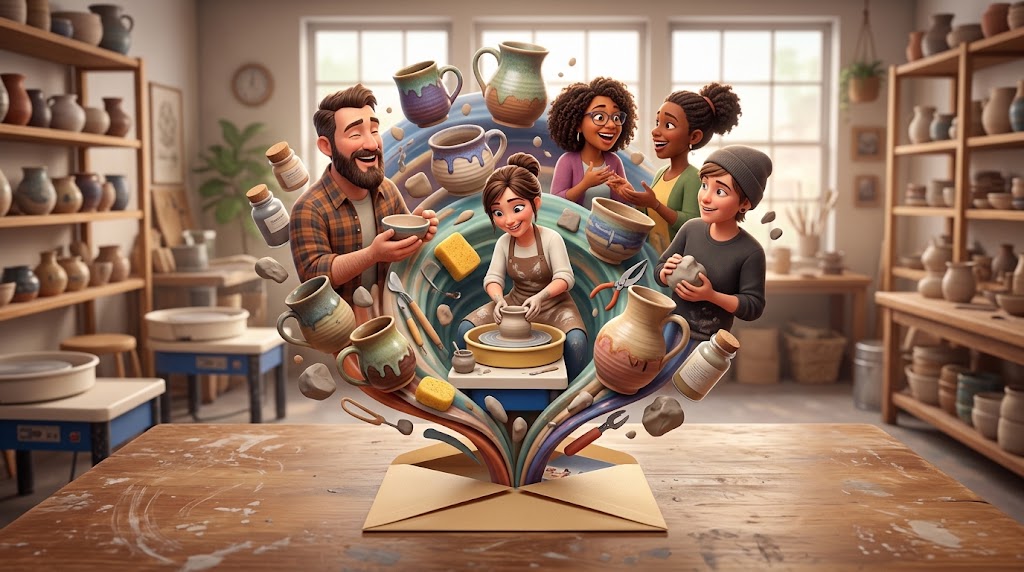 A Clay Hole gift card envelope opening into a pottery studio, with members at the wheel, mugs, jars, sponges and tools bursting out of it
