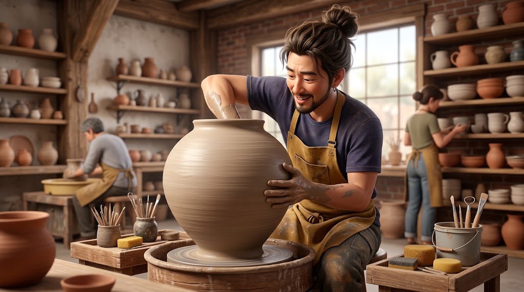A potter throwing the rounded half of a moon jar on a pottery wheel, both hands cupped around the swelling wall