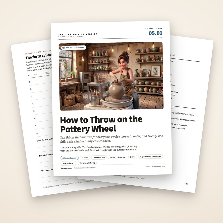 How to Throw on the Pottery Wheel printable pottery guide: the cover, with the forty cylinder log and the wheel card fanned behind it