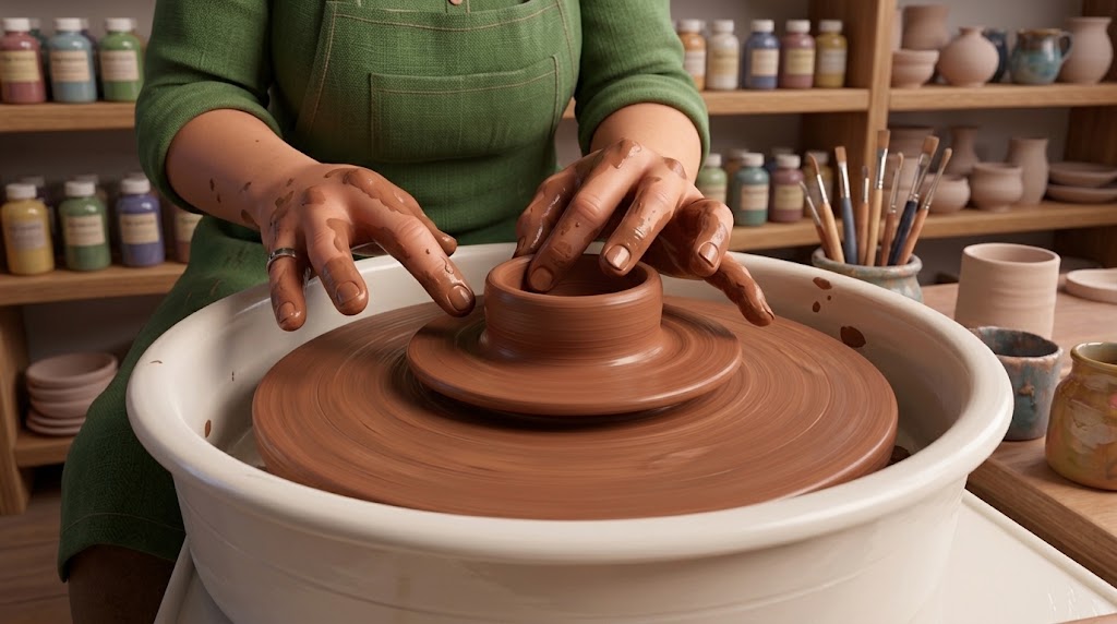Two hands shaping a small clay lid form on a spinning pottery wheel, with shelves of glaze bottles, brushes and unfired pots behind