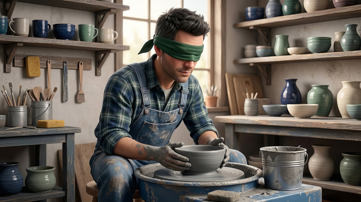 A potter at a wheel with a cloth tied over their eyes, both elbows braced on their knees, centering a small lump of clay entirely by feel