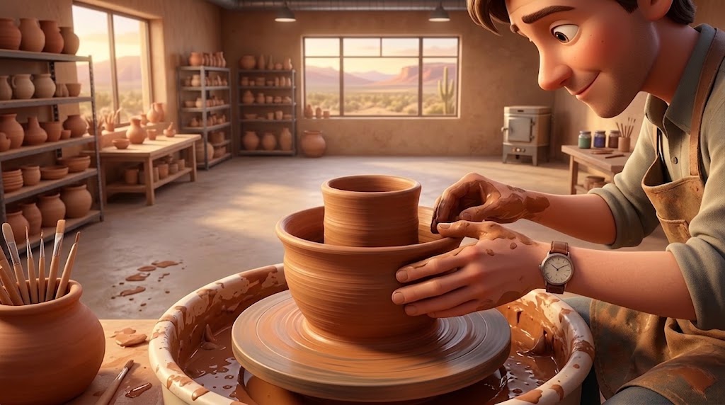 An illustration of a potter leaning in close to shape the inner and outer walls of a double-walled pot spinning on a muddy pottery wheel