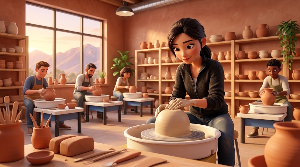 A potter at the wheel in a busy community pottery studio, both hands collaring the top of a rounded closed form inward while other members throw at wheels behind her