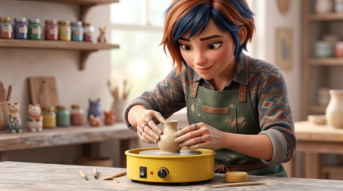 A tiny pot being thrown with two fingertips on a palm-sized tabletop pottery wheel, a cup of water and a short wire beside it on a kitchen table