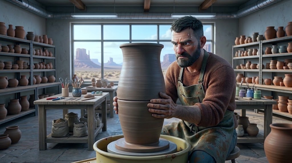 An illustration of a focused potter joining two thrown sections into one tall vase on the wheel, in front of a big window with desert buttes beyond