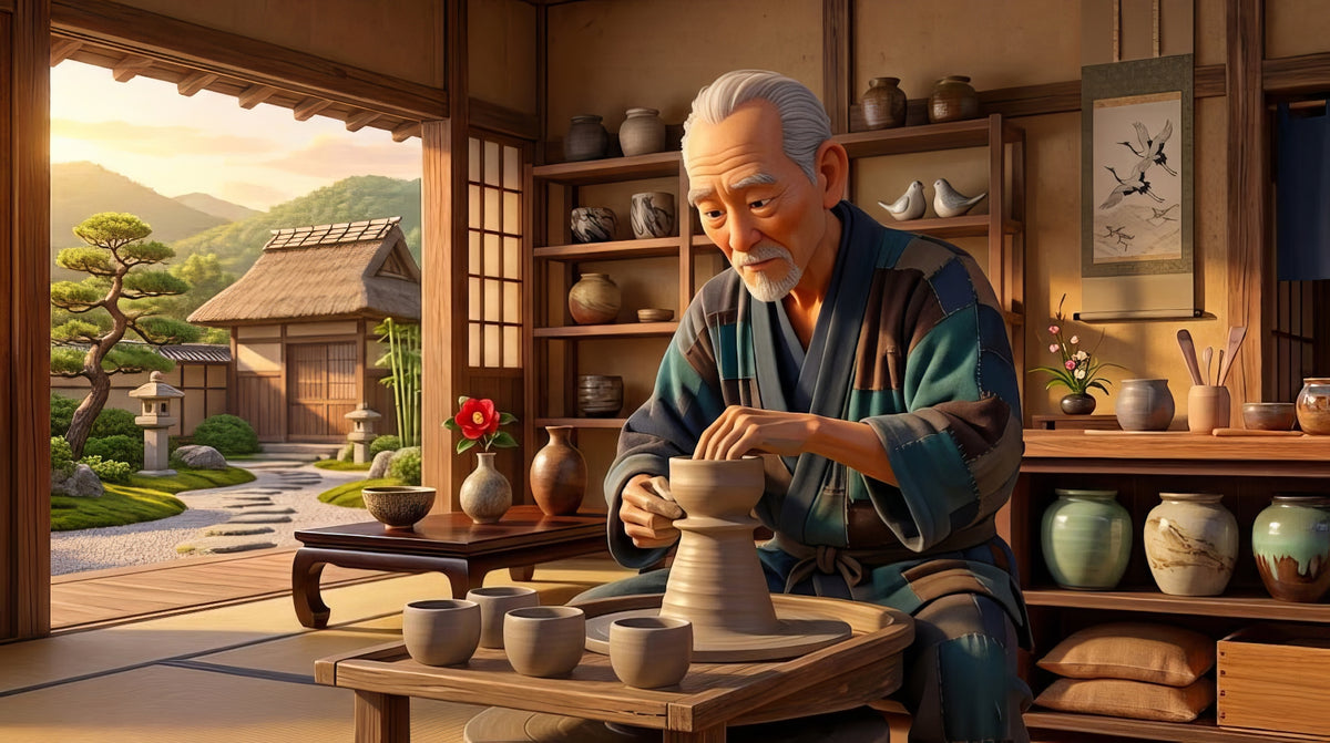 An illustration of an older potter in a blue robe throwing small cups off a tall mound of clay, with a garden and mountains through the open doors