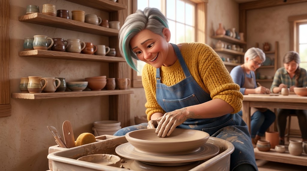 A potter at the wheel drawing the wide flat floor of a plate outward across a bat with both hands, tools and a sponge on the tray beside them