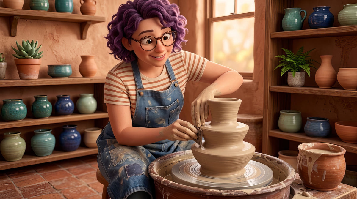 A potter holding a stiff wooden rib at an angle against a bottle on the wheel, turning the soft curve of the shoulder into a crisp corner in a single pass