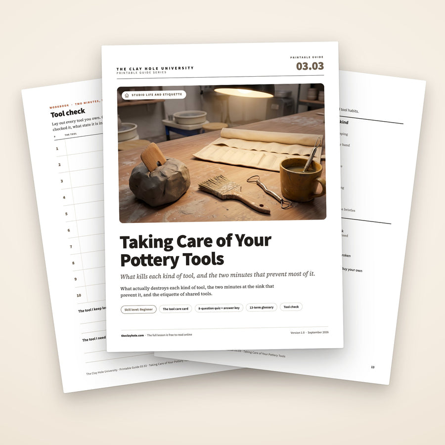 Taking Care of Your Pottery Tools printable pottery guide: the cover, with the tool check and the tool care card fanned behind it