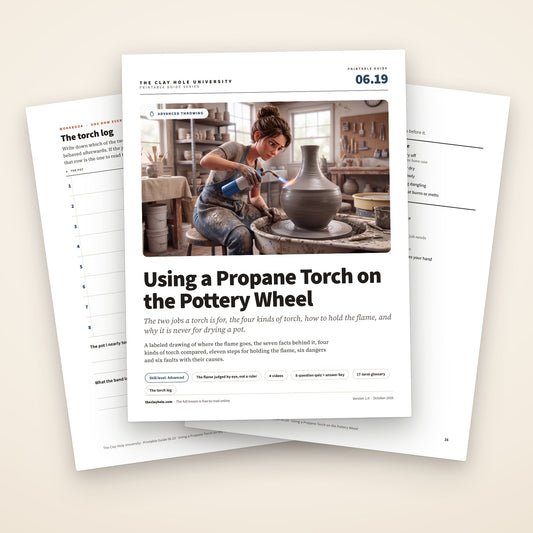 Using a Propane Torch on the Pottery Wheel printable pottery guide: the cover, with the torch log and the wheelside card fanned behind it