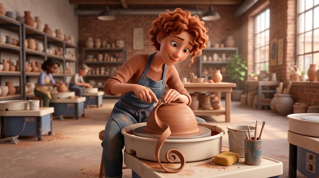 Illustration of a potter at the wheel turning a pot, with a ribbon of trimmed clay curling away from the base