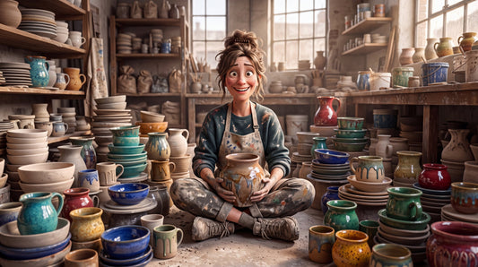 A grinning potter in a clay-splattered apron sits cross-legged on the studio floor, hugging a drippy glazed pot, surrounded by stacks of bowls, mugs and pitchers