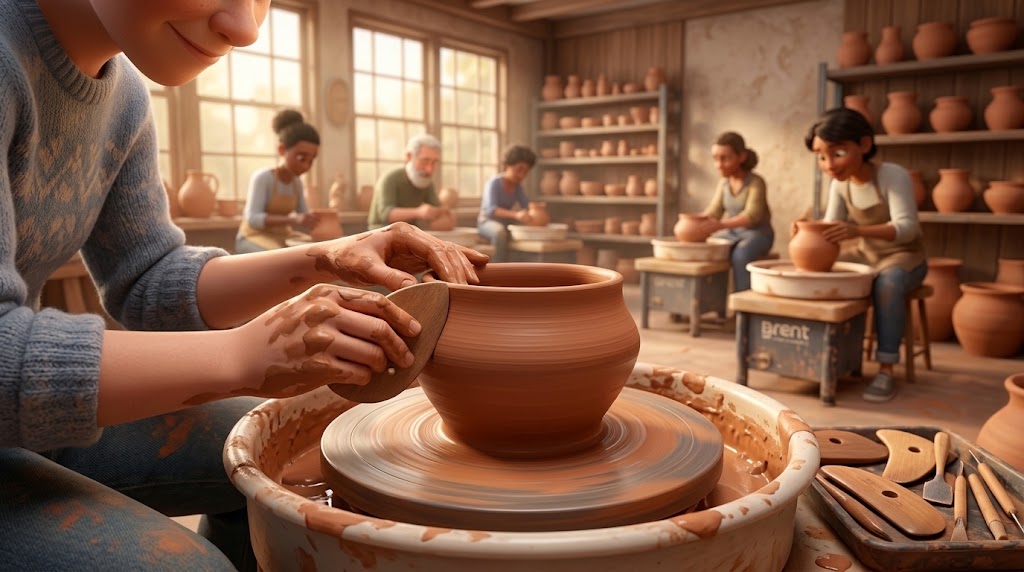 A potter running a rib down the outside wall of a spinning pot on the pottery wheel, with one hand supporting the wall from inside