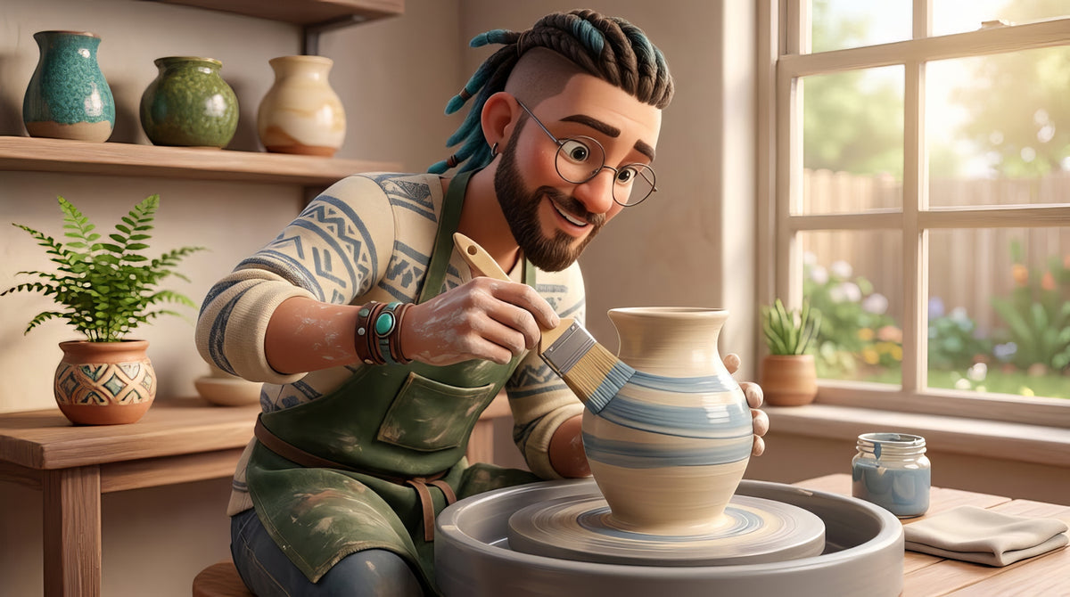 A bisque mug centred on a ring of soft clay on a bat on an electric potter's wheel, turning slowly while a loaded brush held perfectly still lays a clean band of glaze, the potter's elbow braced on the splash pan