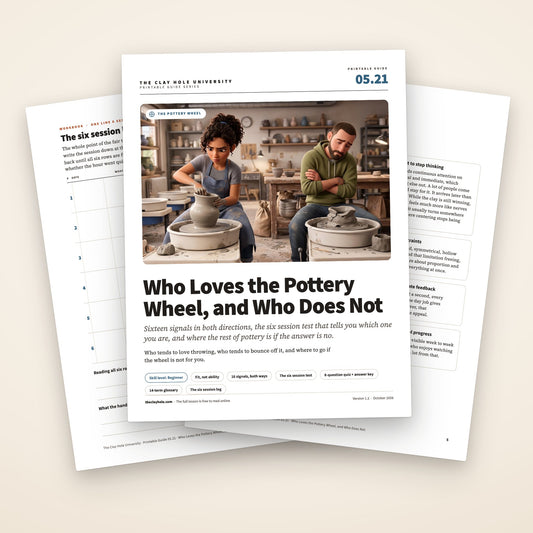Who Loves the Pottery Wheel, and Who Does Not printable guide: the cover, with the six session log and the signals it suits you fanned behind it