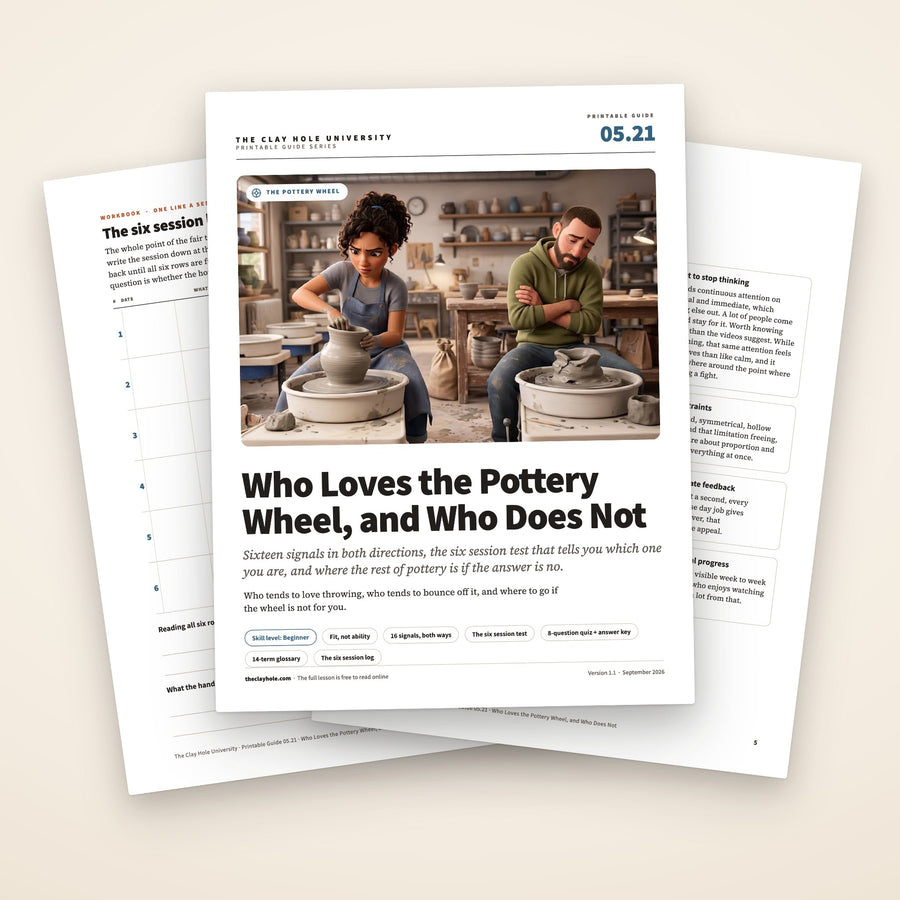 Who Loves the Pottery Wheel, and Who Does Not printable guide: the cover, with the six session log and the signals it suits you fanned behind it