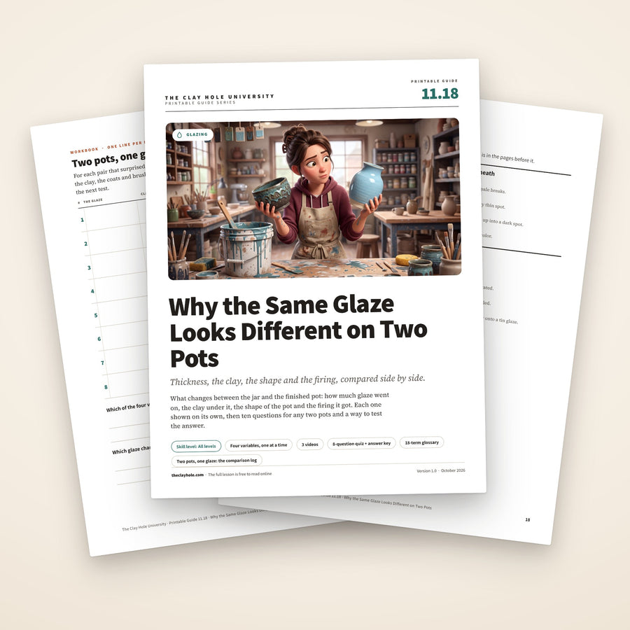 Why the Same Glaze Looks Different on Two Pots printable guide: the cover, with the comparison log and the one page reference fanned behind it