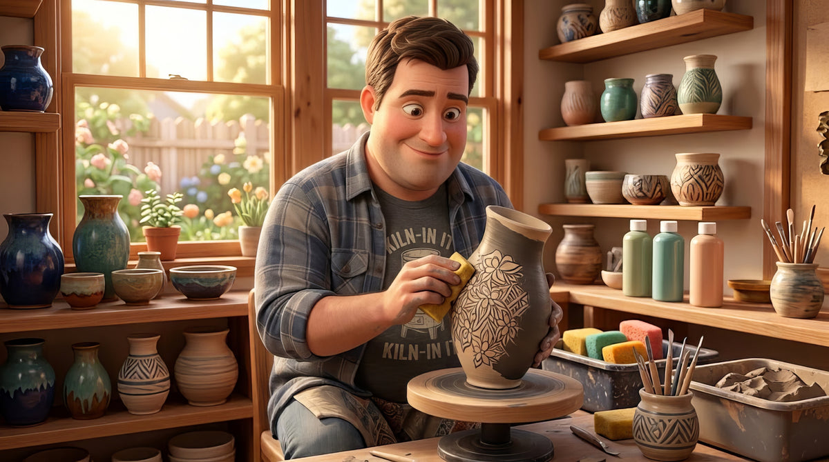A potter wiping a dark wash back from the raised surface of a textured vase with a sponge, leaving color in the recesses of the pattern