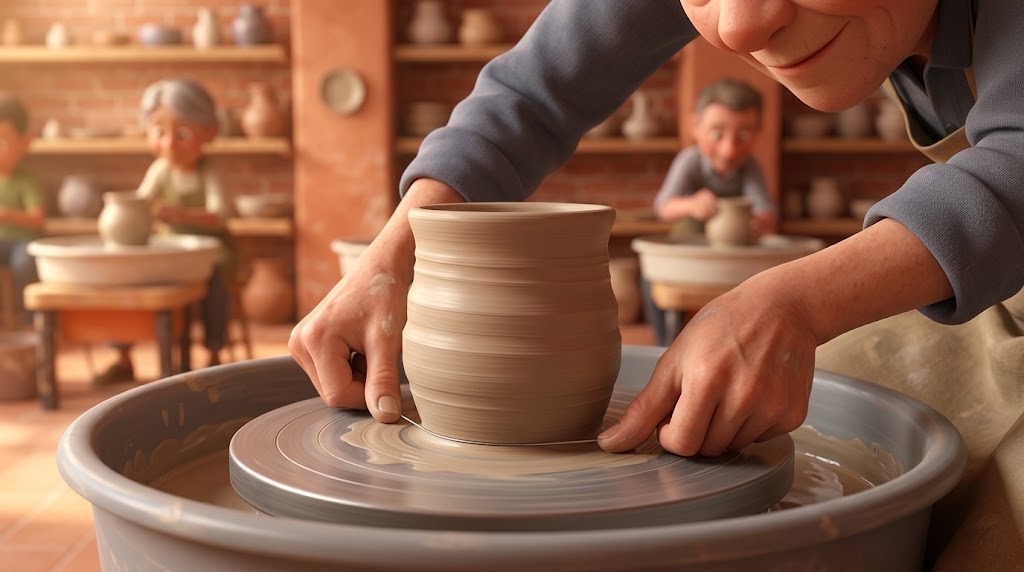 Illustration of a potter drawing a taut cutting wire under a freshly thrown pot on a wheel head, with other potters throwing at wheels in the background