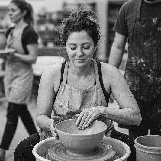 A potter smiling with her eyes closed as she shapes a wet clay bowl on the pottery wheel at The Clay Hole