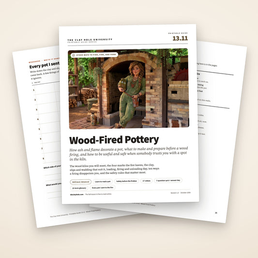 Wood-Fired Pottery printable guide: the cover, with the pot log and the one page summary fanned behind it